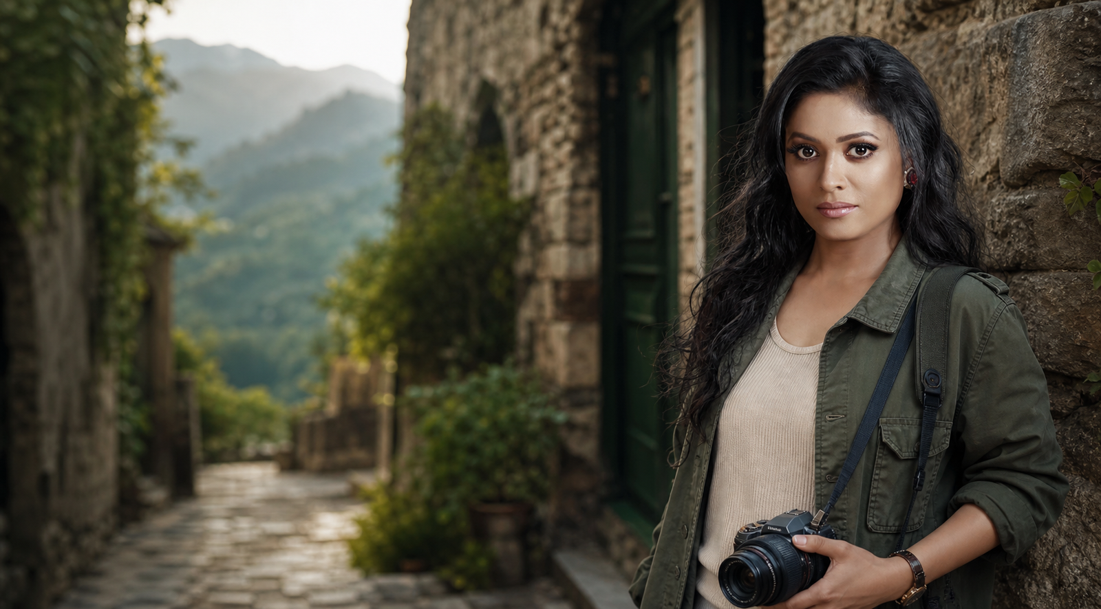 Priyasanchari styled as an editorial traveller and photographer on a stone village street